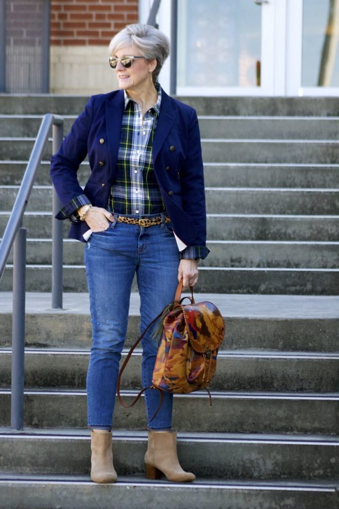j.crew skinny jeans, j.crew plaid shirt, banana republic navy blazer, banana republic suede booties, patricia nash backpack