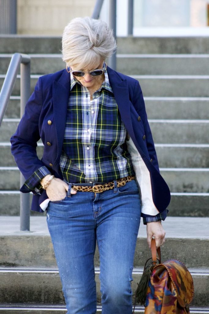 j.crew skinny jeans, j.crew plaid shirt, banana republic navy blazer, banana republic suede booties, patricia nash backpack