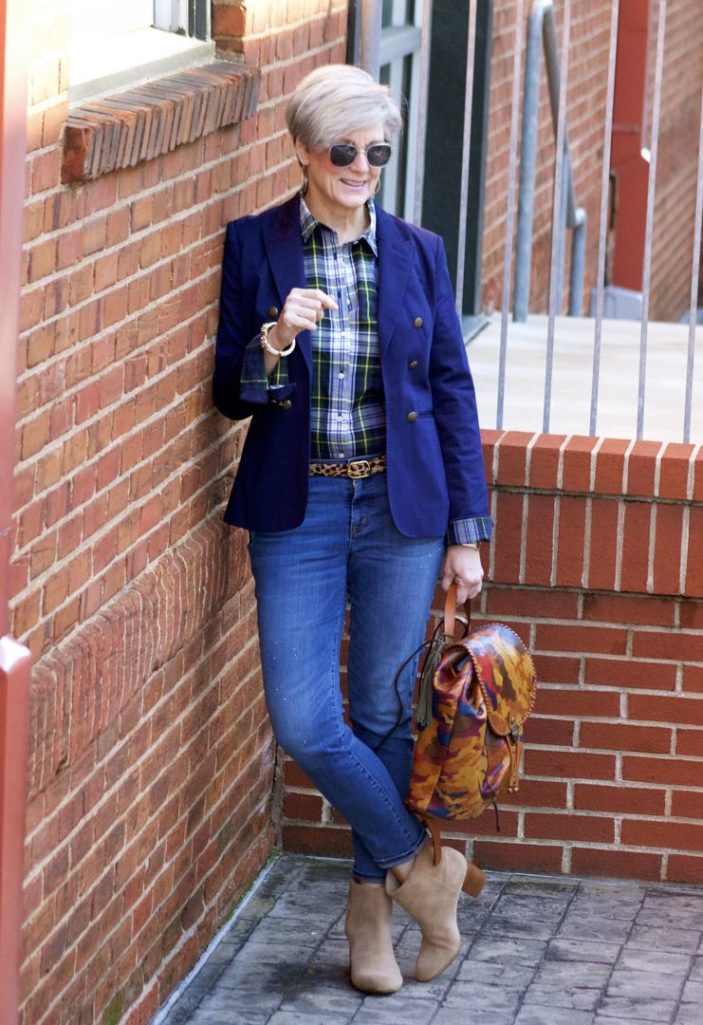 j.crew skinny jeans, j.crew plaid shirt, banana republic navy blazer, banana republic suede booties, patricia nash backpack
