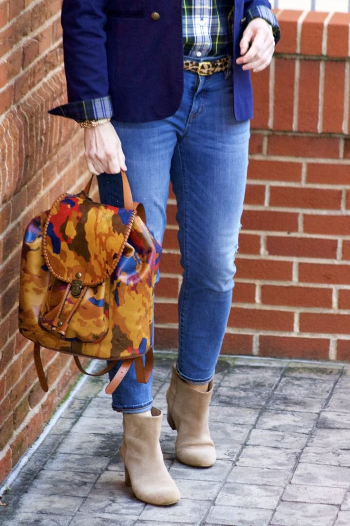 j.crew skinny jeans, j.crew plaid shirt, banana republic navy blazer, banana republic suede booties, patricia nash backpack