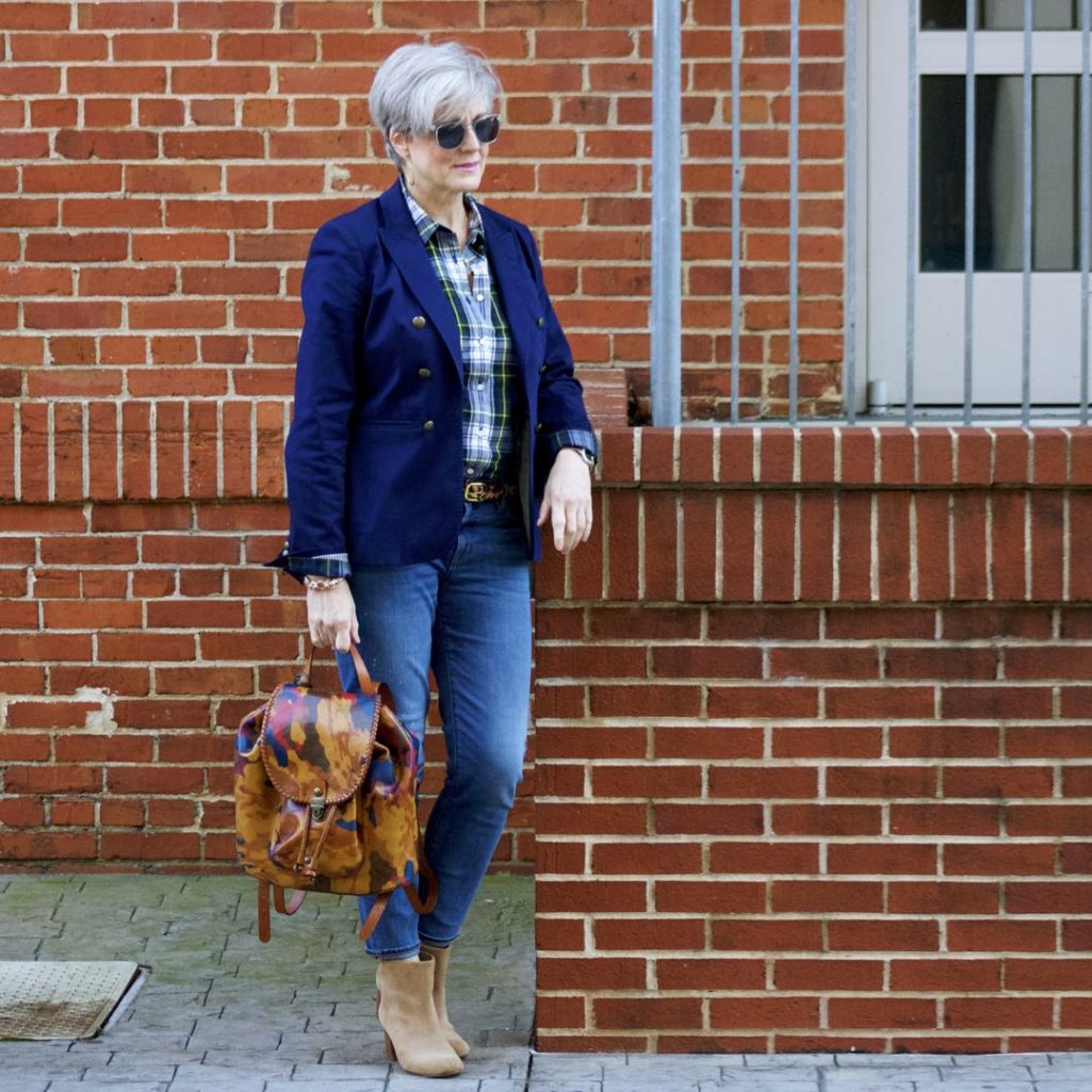 j.crew skinny jeans, j.crew plaid shirt, banana republic navy blazer, banana republic suede booties, patricia nash backpack
