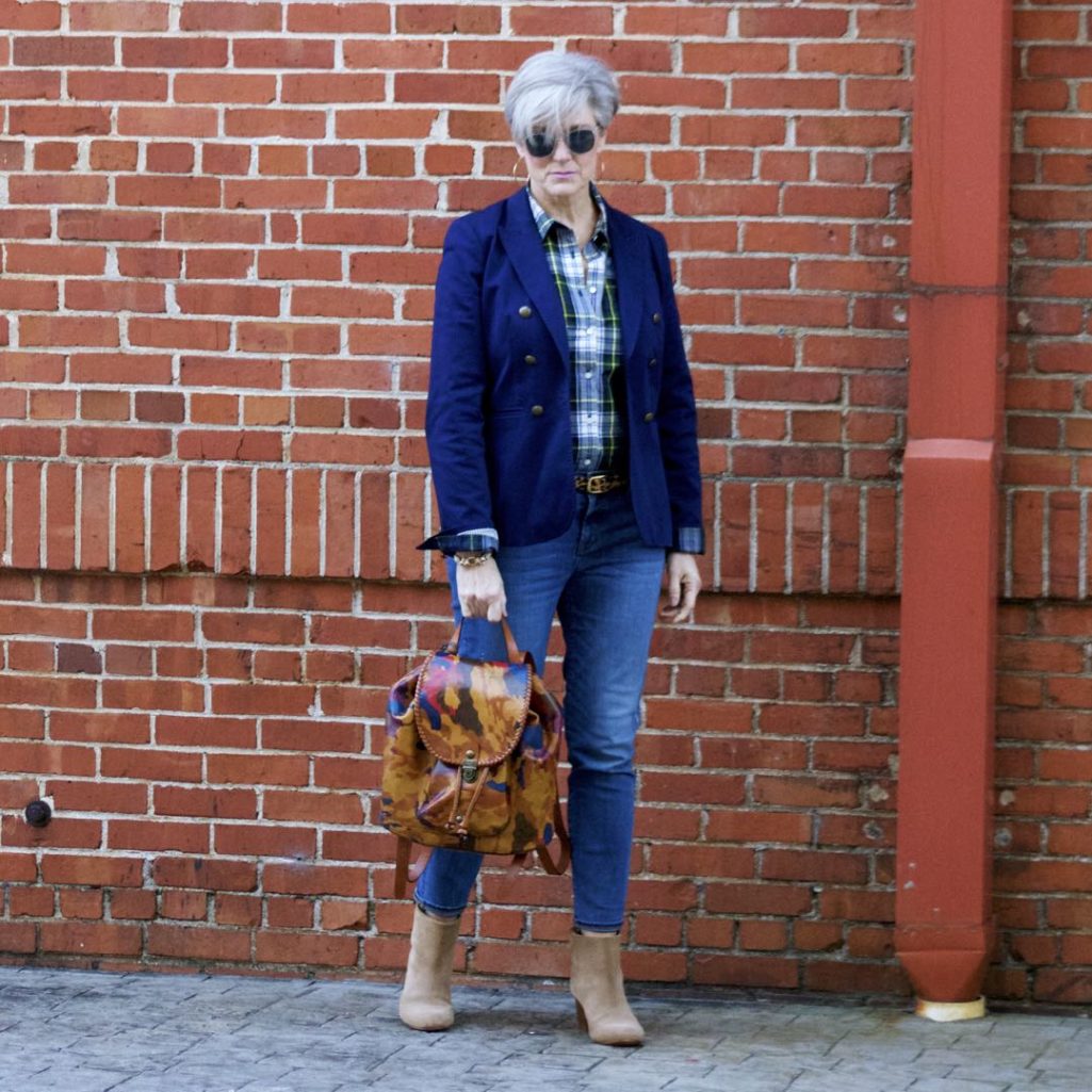 j.crew skinny jeans, j.crew plaid shirt, banana republic navy blazer, banana republic suede booties, patricia nash backpack