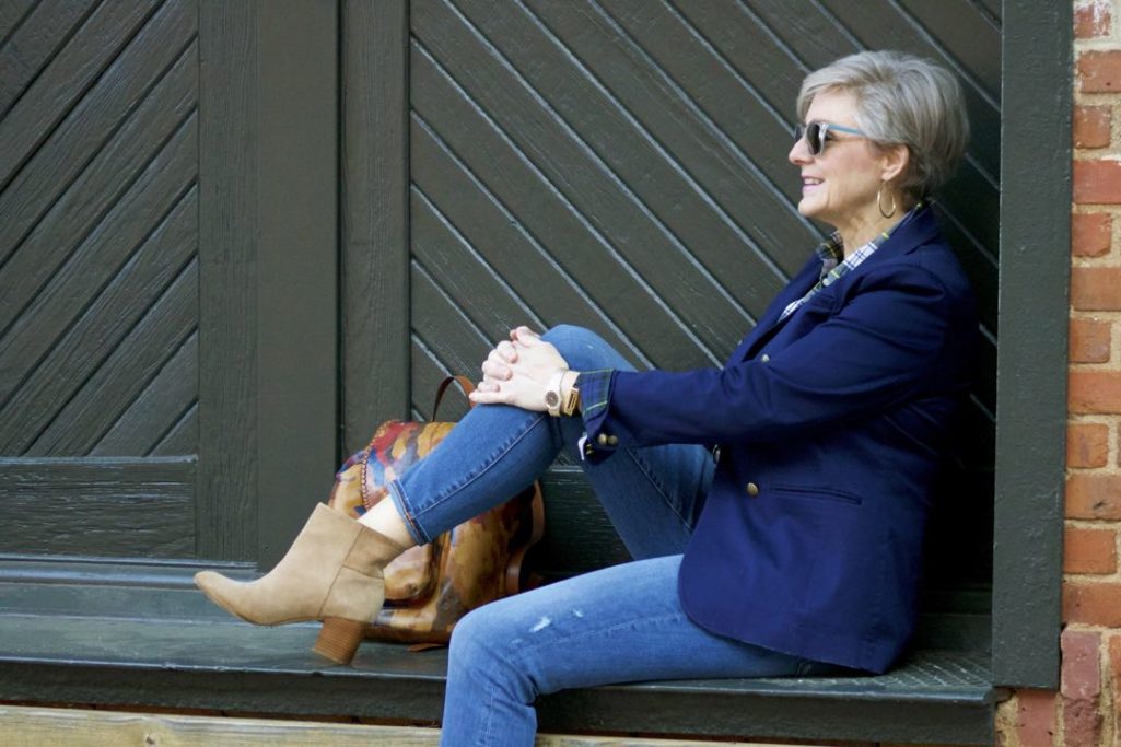 j.crew skinny jeans, j.crew plaid shirt, banana republic navy blazer, banana republic suede booties, patricia nash backpack