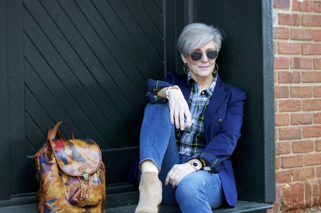 j.crew skinny jeans, j.crew plaid shirt, banana republic navy blazer, banana republic suede booties, patricia nash backpack