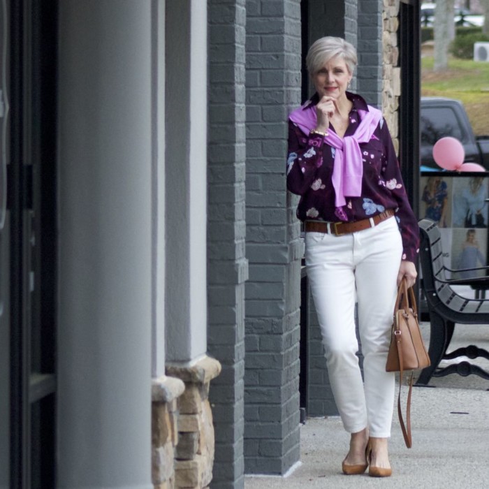 everlane ecru denim, ann taylor floral blouse, j.crew italian cashmere sweater, ann taylor suede pumps, ralph lauren belt, ralph lauren handbag