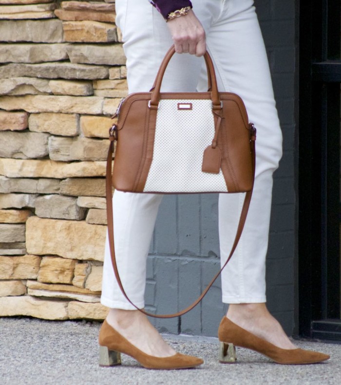everlane ecru denim, ann taylor floral blouse, j.crew italian cashmere sweater, ann taylor suede pumps, ralph lauren belt, ralph lauren handbag