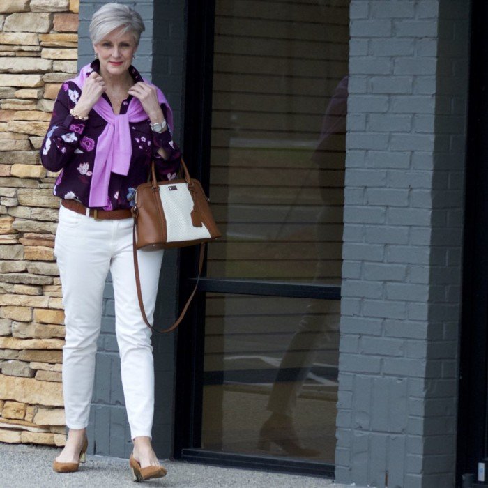 everlane ecru denim, ann taylor floral blouse, j.crew italian cashmere sweater, ann taylor suede pumps, ralph lauren belt, ralph lauren handbag