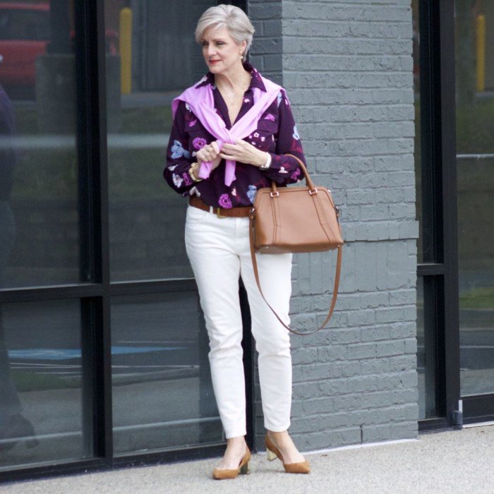 everlane ecru denim, ann taylor floral blouse, j.crew italian cashmere sweater, ann taylor suede pumps, ralph lauren belt, ralph lauren handbag