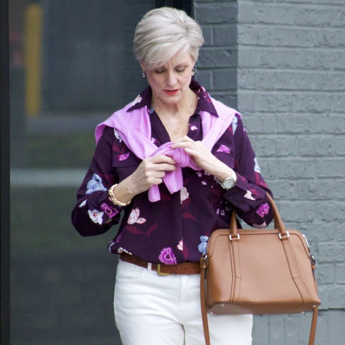 everlane ecru denim, ann taylor floral blouse, j.crew italian cashmere sweater, ann taylor suede pumps, ralph lauren belt, ralph lauren handbag