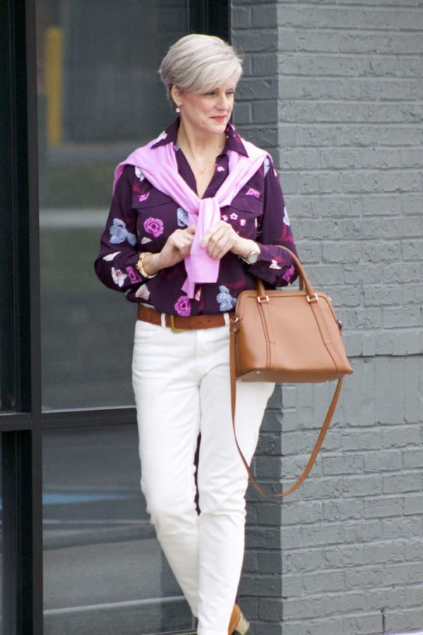 everlane ecru denim, ann taylor floral blouse, j.crew italian cashmere sweater, ann taylor suede pumps, ralph lauren belt, ralph lauren handbag