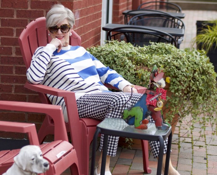 lou & grey striped sweater, talbots gingham pants, tory burch leather espadrilles