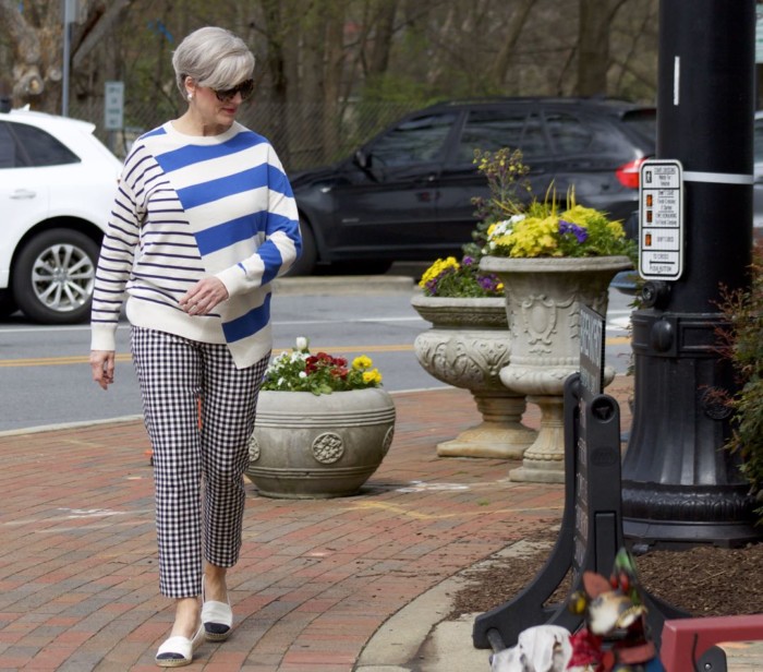 lou & grey striped sweater, talbots gingham pants, tory burch leather espadrilles