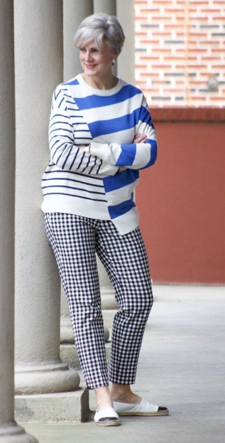 lou & grey striped sweater, talbots gingham pants, tory burch leather espadrilles