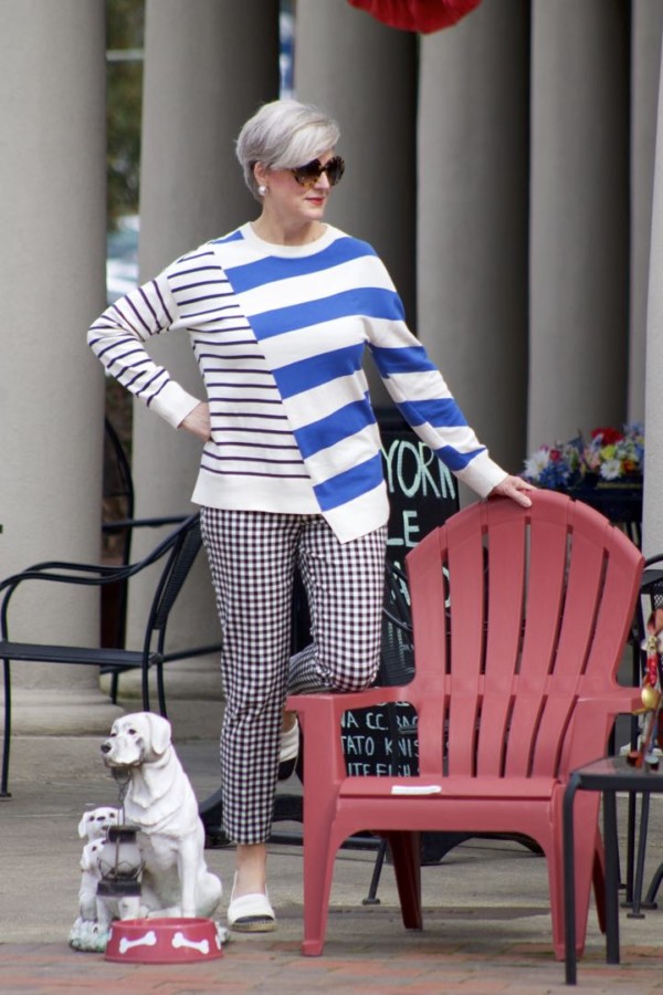 lou & grey striped sweater, talbots gingham pants, tory burch leather espadrilles