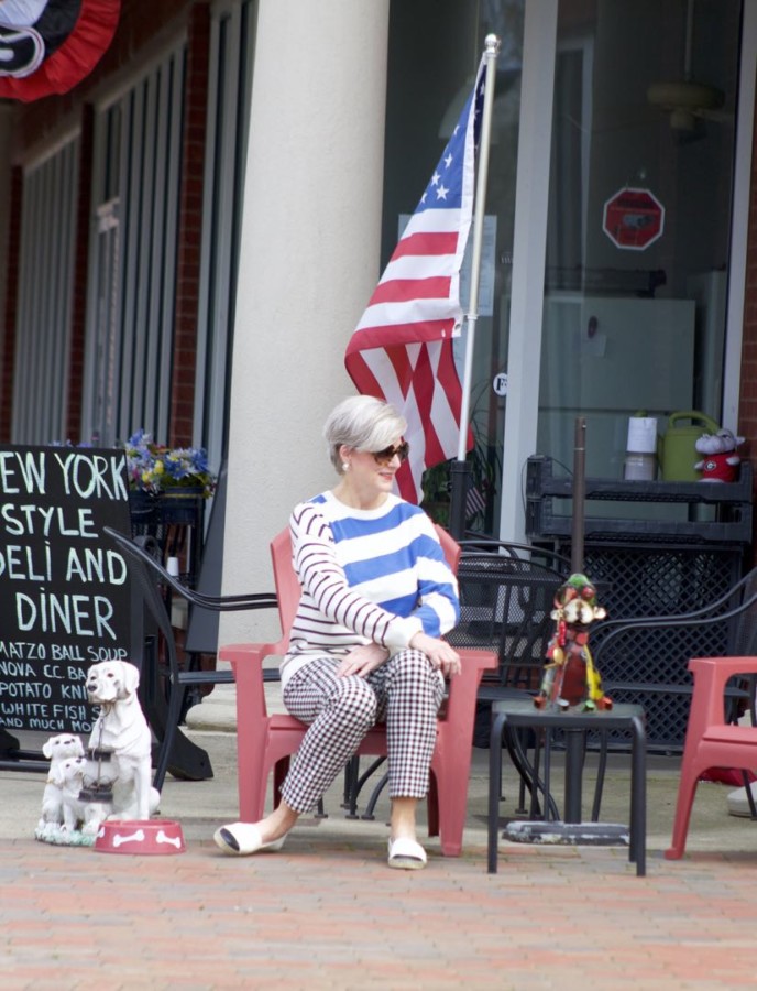 lou & grey striped sweater, talbots gingham pants, tory burch leather espadrilles