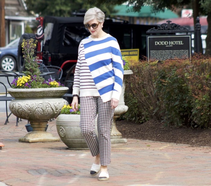 lou & grey striped sweater, talbots gingham pants, tory burch leather espadrilles