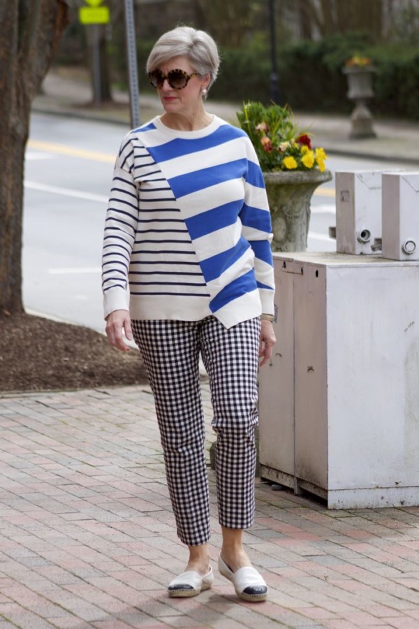 lou & grey striped sweater, talbots gingham pants, tory burch leather espadrilles