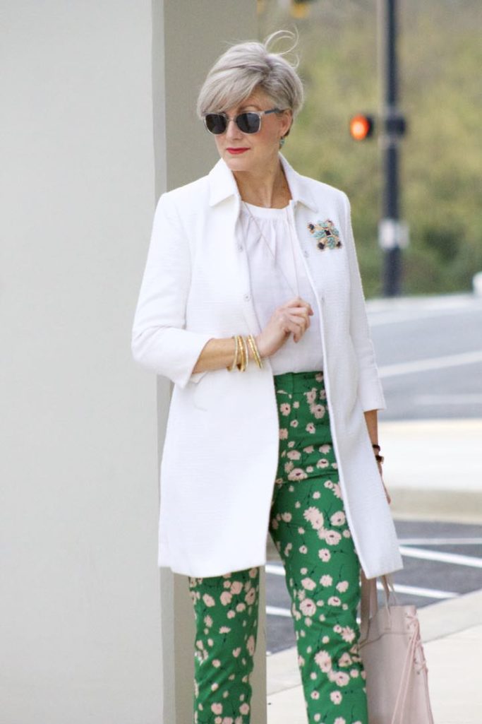 boden white jacket, boden linen shirt, boden green print pants, j.crew pink suede shoes