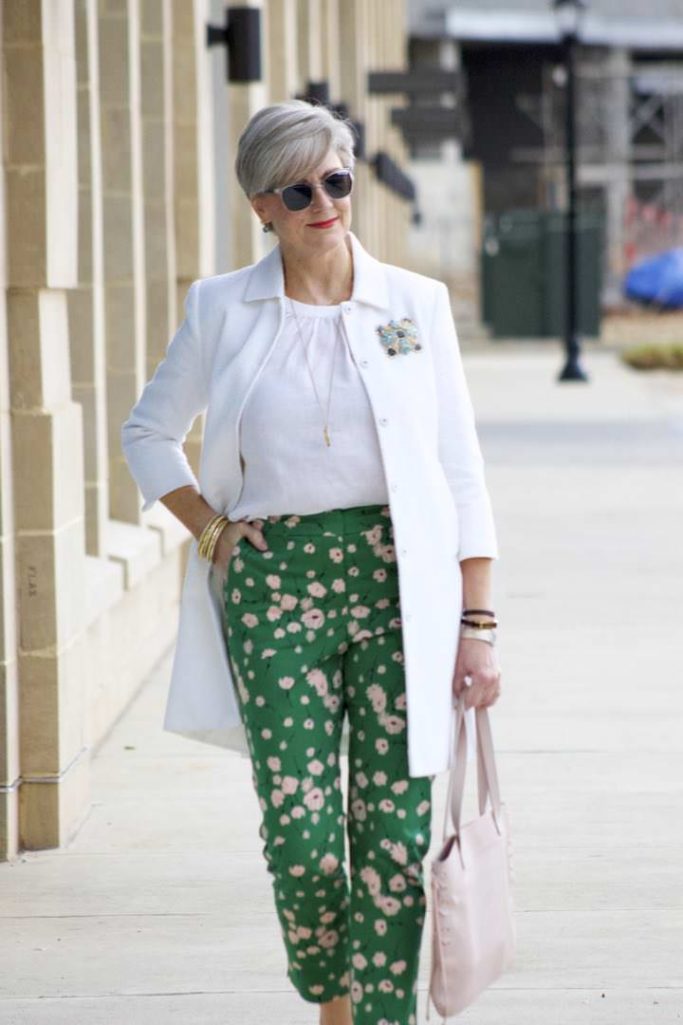 boden white jacket, boden linen shirt, boden green print pants, j.crew pink suede shoes