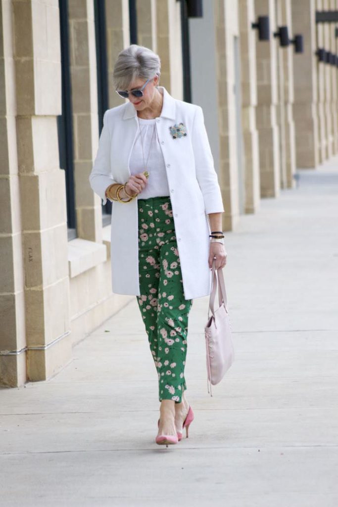boden white jacket, boden linen shirt, boden green print pants, j.crew pink suede shoes
