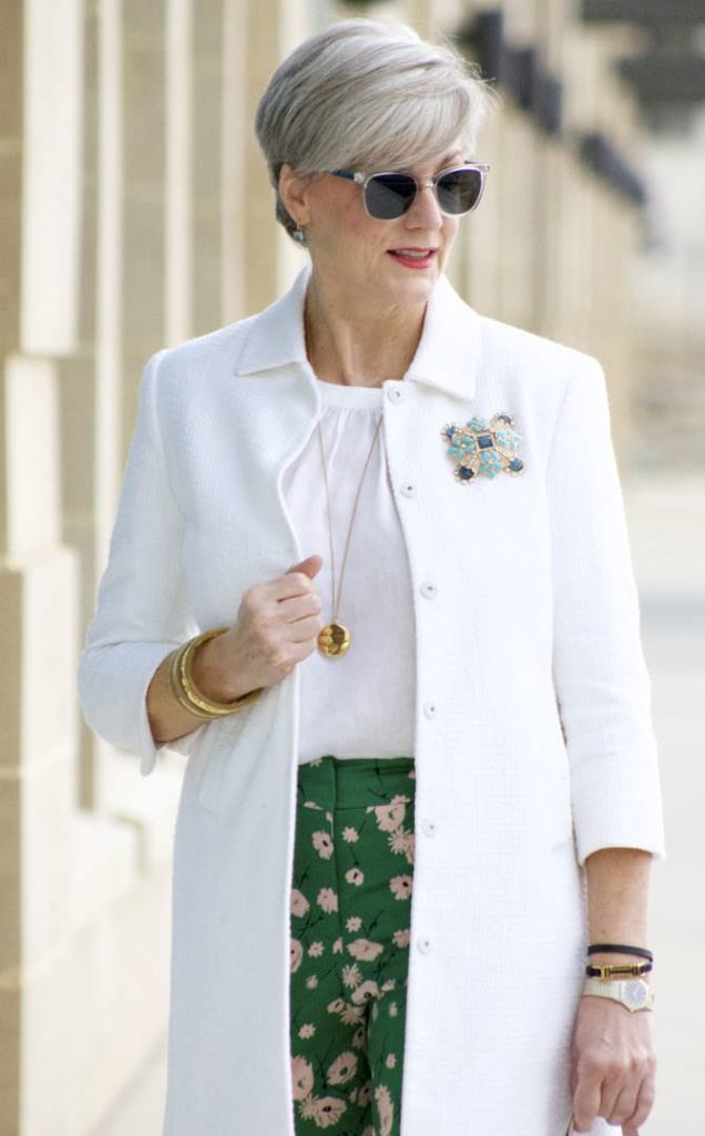 boden white jacket, boden linen shirt, boden green print pants, j.crew pink suede shoes