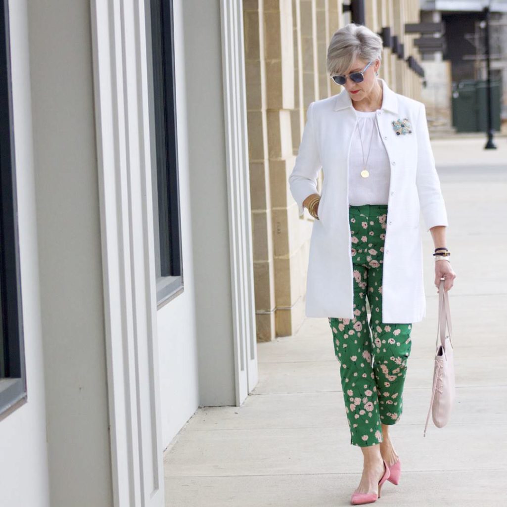 boden white jacket, boden linen shirt, boden green print pants, j.crew pink suede shoes