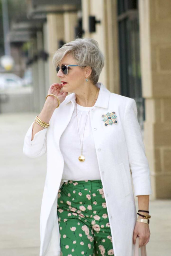 boden white jacket, boden linen shirt, boden green print pants, j.crew pink suede shoes
