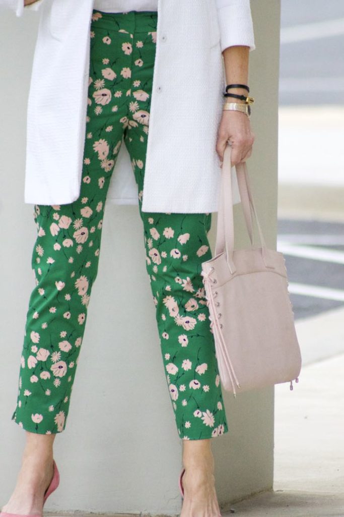 boden white jacket, boden linen shirt, boden green print pants, j.crew pink suede shoes