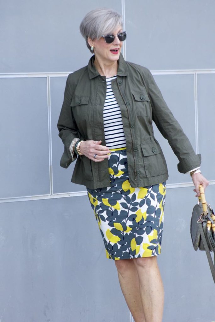 boden pencil skirt, boden breton tee, talbots utility jacket, gucci bamboo handle handbag, boden yellow suede sandals