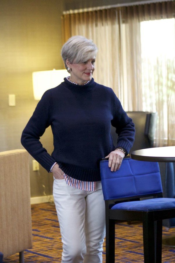 j.crew roll neck sweater, j.crew striped shirt, everlane denim, tory burch espadrilles