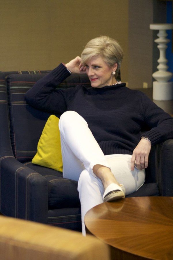 j.crew roll neck sweater, j.crew striped shirt, everlane denim, tory burch espadrilles