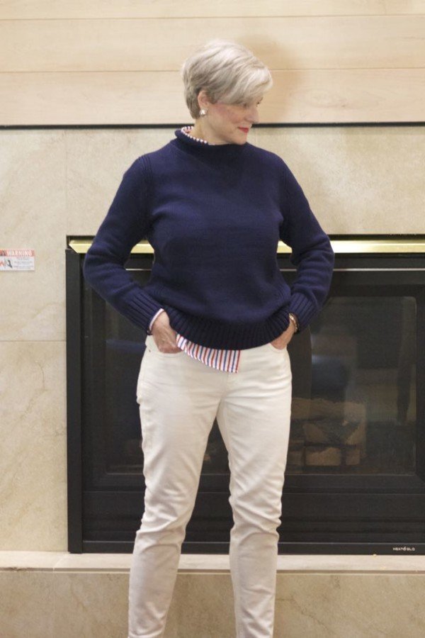 j.crew roll neck sweater, j.crew striped shirt, everlane denim, tory burch espadrilles