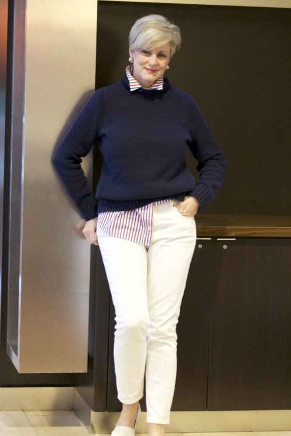 j.crew roll neck sweater, j.crew striped shirt, everlane denim, tory burch espadrilles