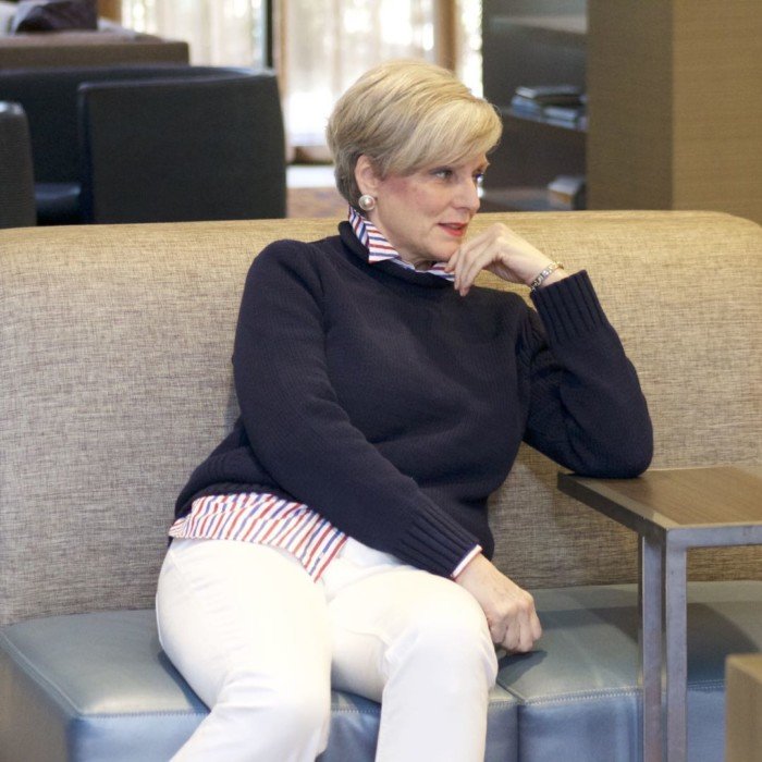 j.crew roll neck sweater, j.crew striped shirt, everlane denim, tory burch espadrilles