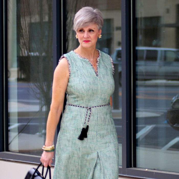 karl lagerfeld tweed dress, gucci black pumps, prada handbag