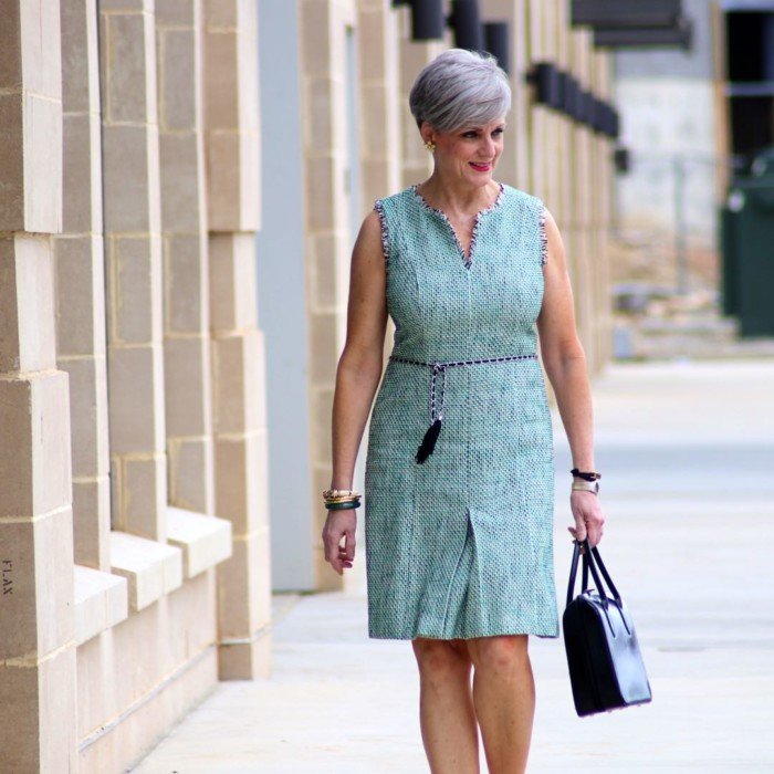 karl lagerfeld tweed dress, gucci black pumps, prada handbag
