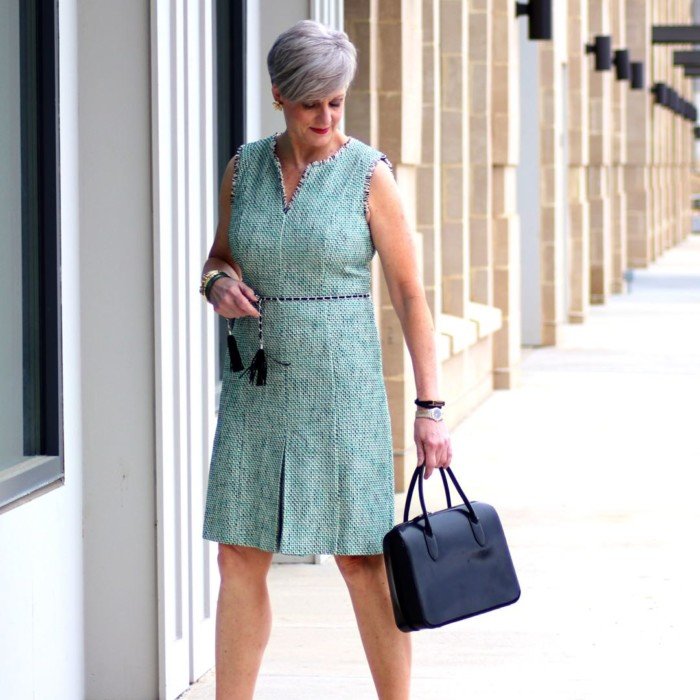 karl lagerfeld tweed dress, gucci black pumps, prada handbag