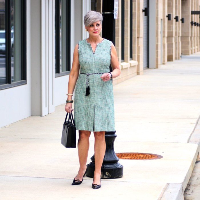 karl lagerfeld tweed dress, gucci black pumps, prada handbag