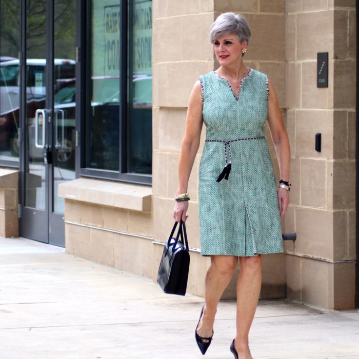 karl lagerfeld tweed dress, gucci black pumps, prada handbag