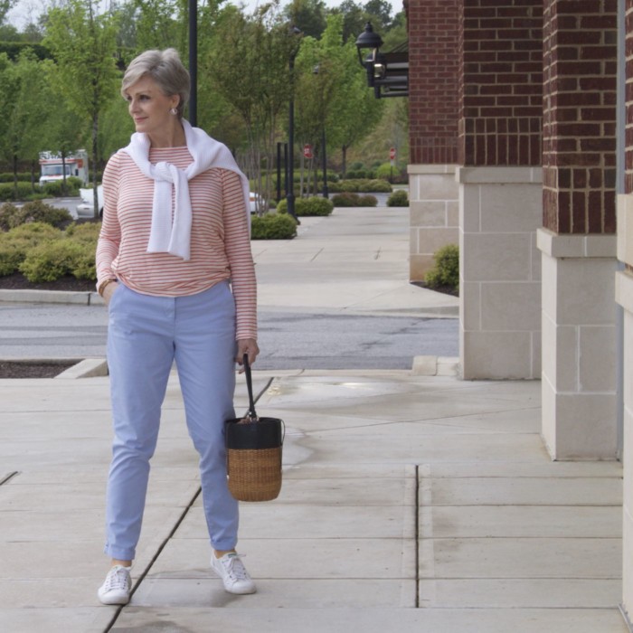 boden chinos, j.crew striped tee, white sweater, white keds, tory burch bracelets, straw handbag