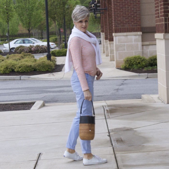 boden chinos, j.crew striped tee, white sweater, white keds, tory burch bracelets, straw handbag