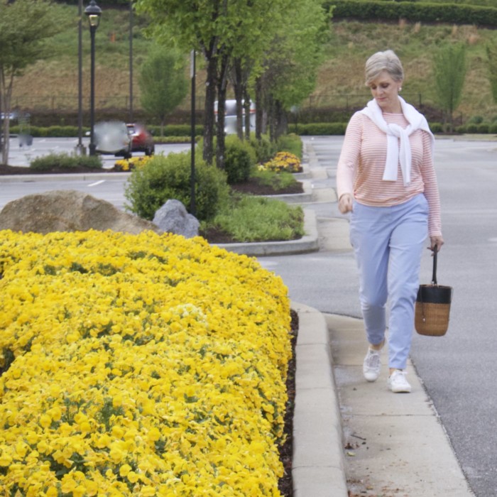 boden chinos, j.crew striped tee, white sweater, white keds, tory burch bracelets, straw handbag