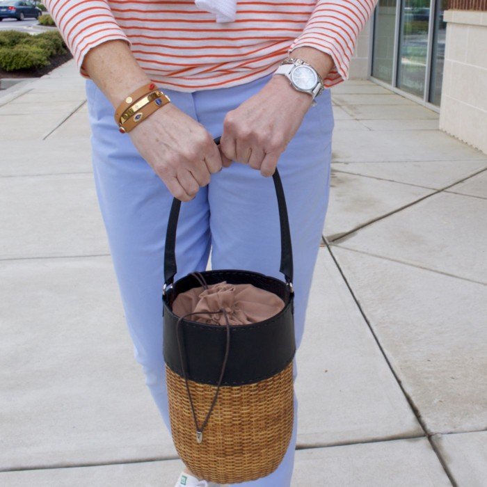 boden chinos, j.crew striped tee, white sweater, white keds, tory burch bracelets, straw handbag