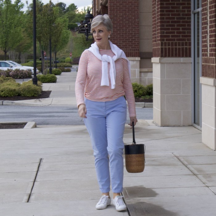 boden chinos, j.crew striped tee, white sweater, white keds, tory burch bracelets, straw handbag