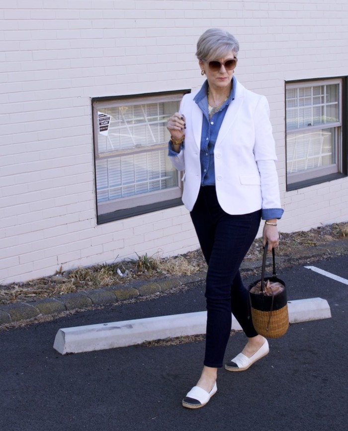 over 50 fashion blogger, ann taylor sailor denim, j.crew denim shirt, talbots white pique blazer, tory burch espadrilles, wicker bucket bag