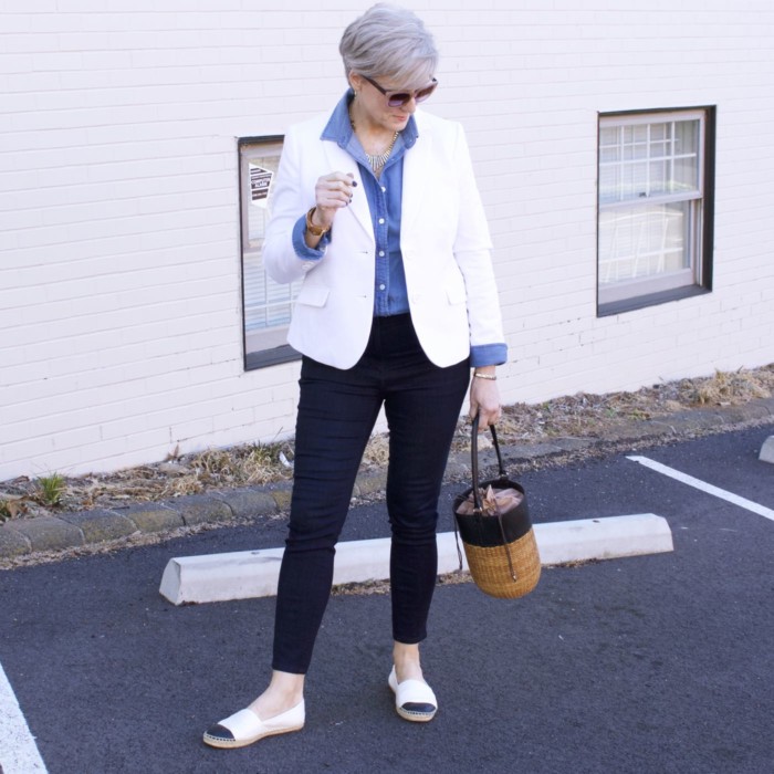 over 50 fashion blogger, ann taylor sailor denim, j.crew denim shirt, talbots white pique blazer, tory burch espadrilles, wicker bucket bag