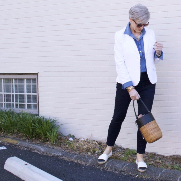 over 50 fashion blogger, ann taylor sailor denim, j.crew denim shirt, talbots white pique blazer, tory burch espadrilles, wicker bucket bag