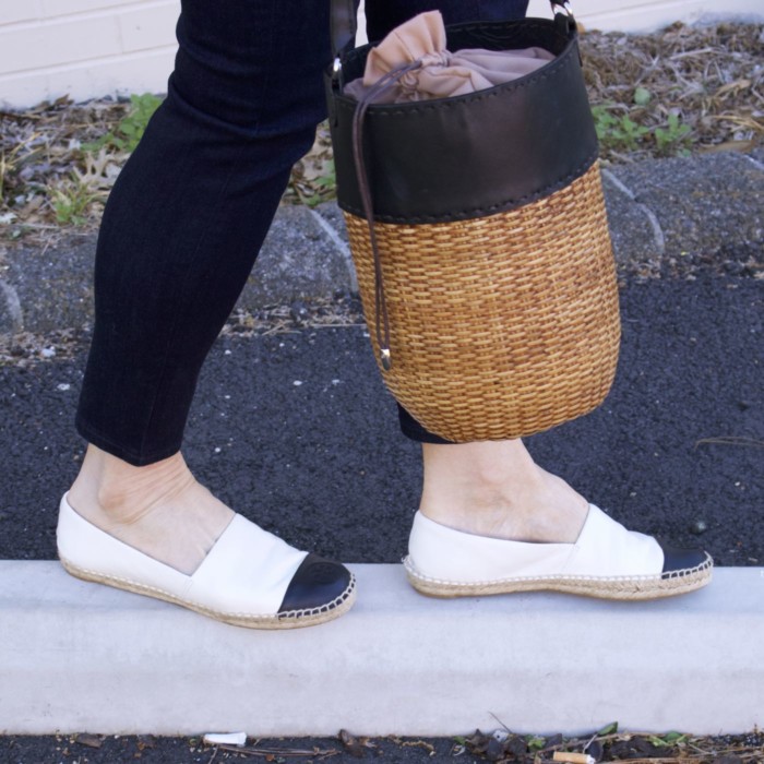 over 50 fashion blogger, ann taylor sailor denim, j.crew denim shirt, talbots white pique blazer, tory burch espadrilles, wicker bucket bag