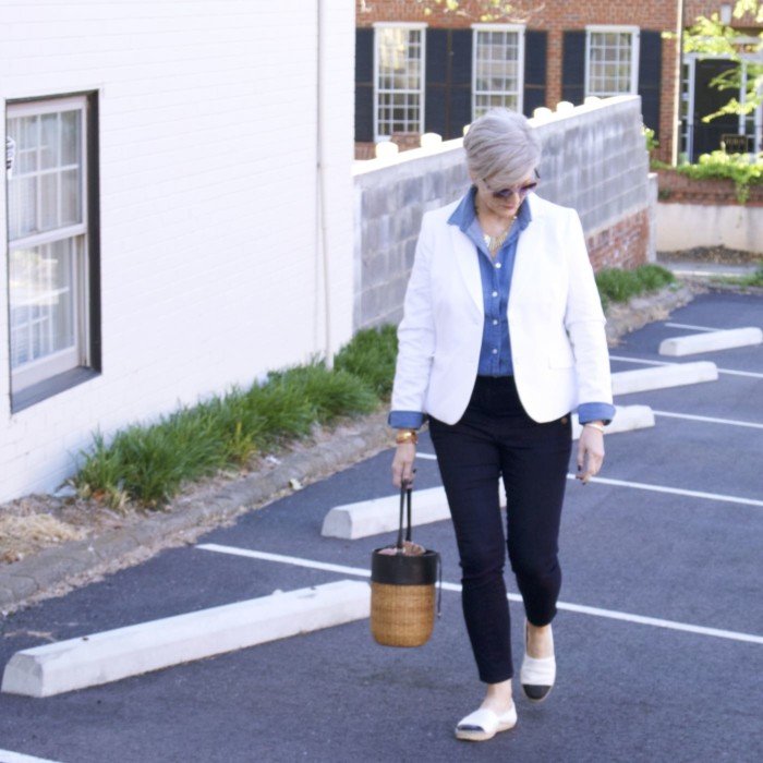 over 50 fashion blogger, ann taylor sailor denim, j.crew denim shirt, talbots white pique blazer, tory burch espadrilles, wicker bucket bag