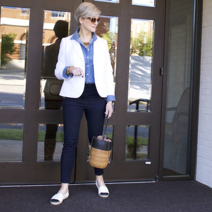 over 50 fashion blogger, ann taylor sailor denim, j.crew denim shirt, talbots white pique blazer, tory burch espadrilles, wicker bucket bag